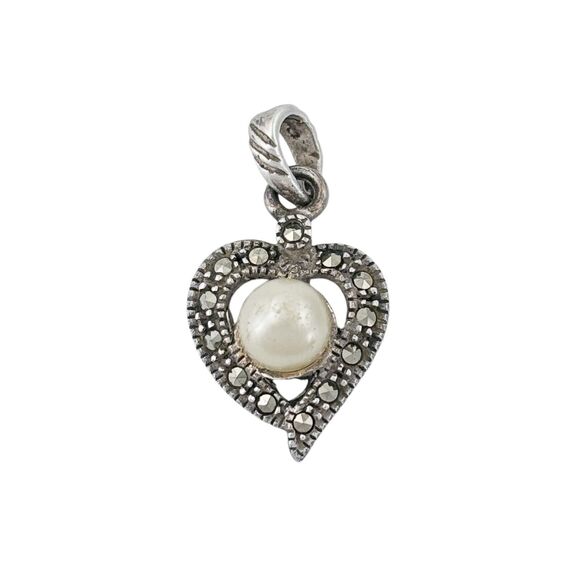 Vintage Sterling Silver 925 Marcasite Artificial Pearl Heart Pendant - Picture 2 of 6